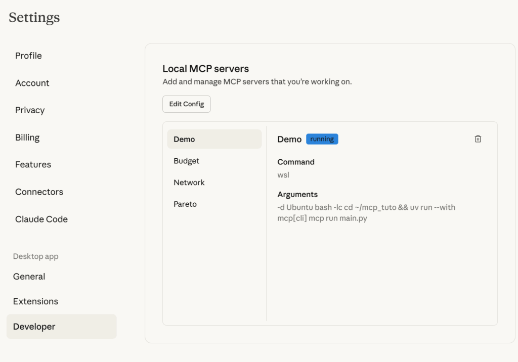 Claude Desktop的开发者设置，用于配置文件