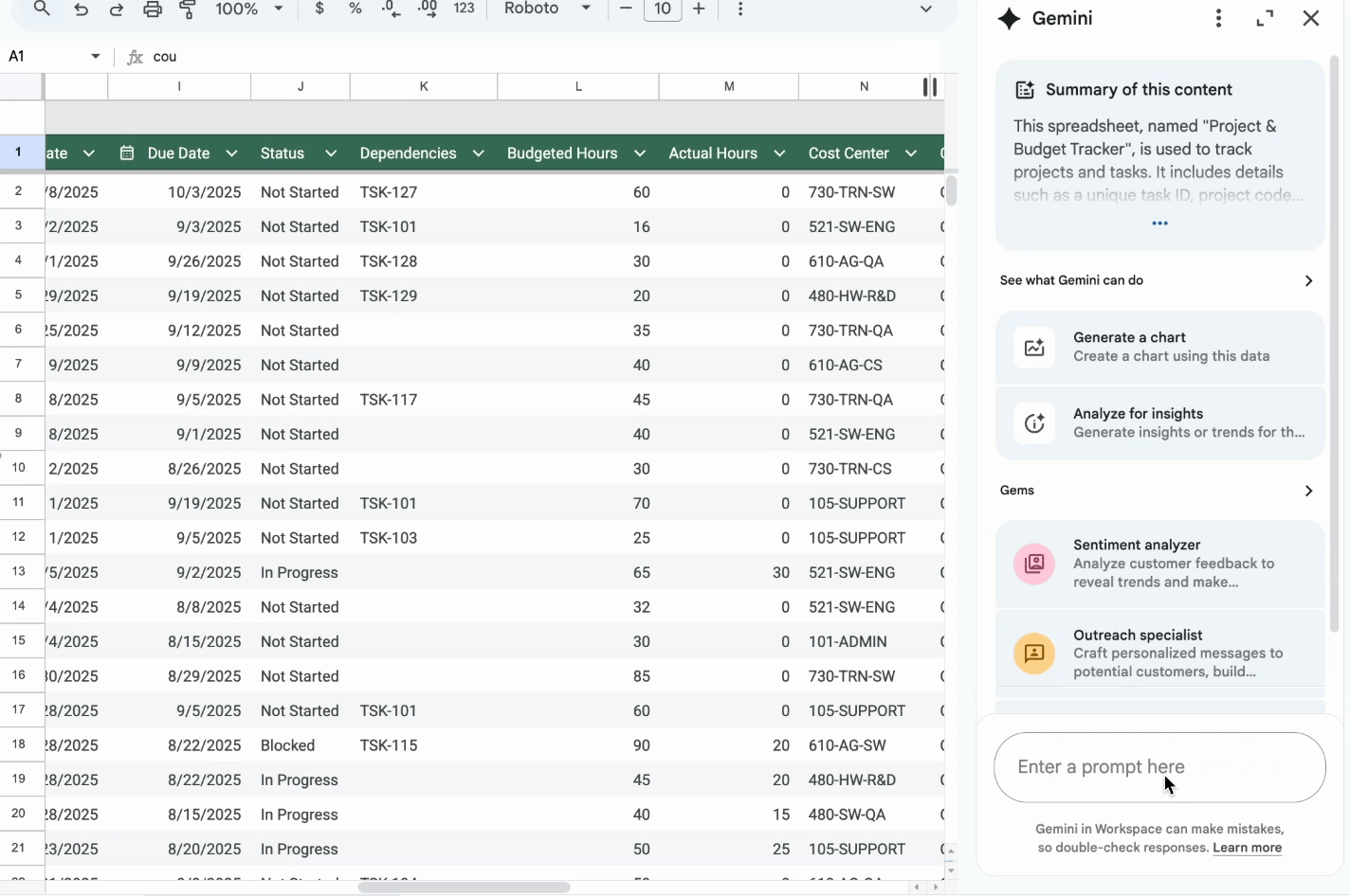 Gemini AI解释Google Sheets公式错误并提供修正建议的动图