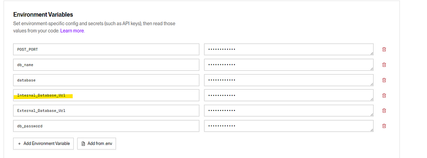 添加到 Render Web 应用的环境变量