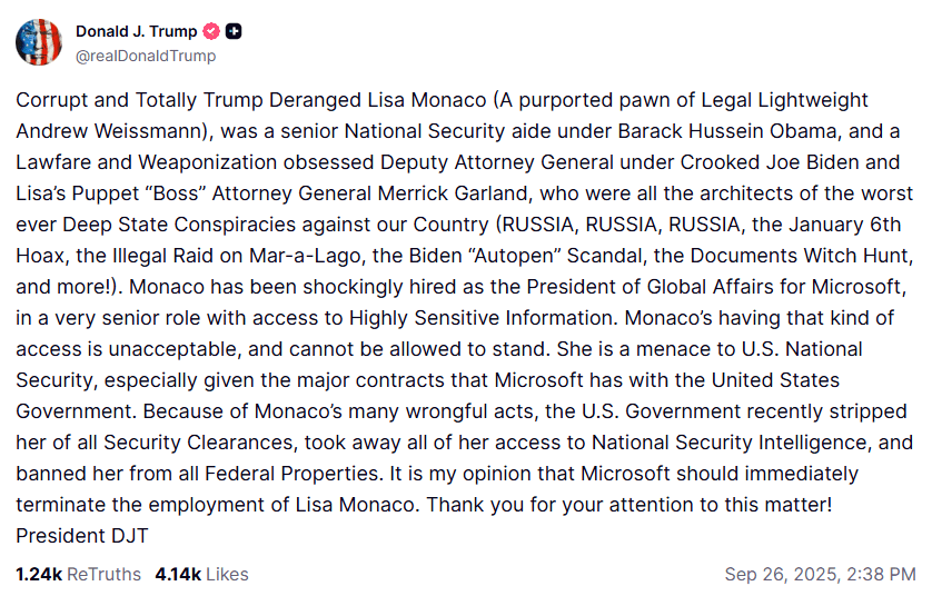 特朗普在Truth Social上对丽莎·莫纳科的指控截图
