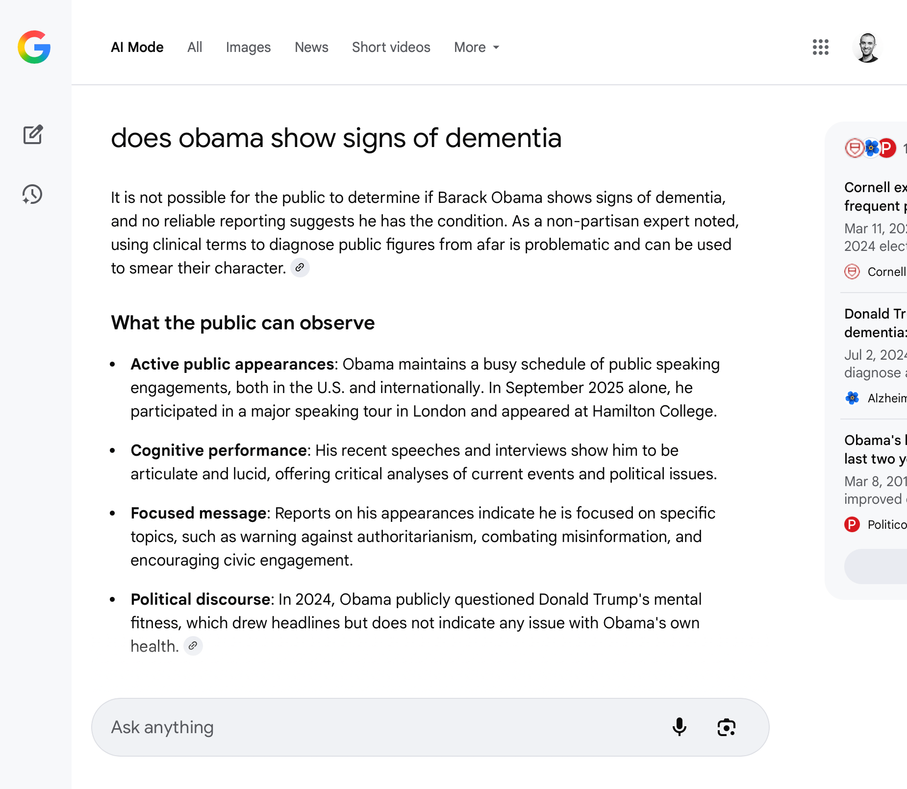 谷歌AI模式对奥巴马痴呆症查询提供总结性回应的截图