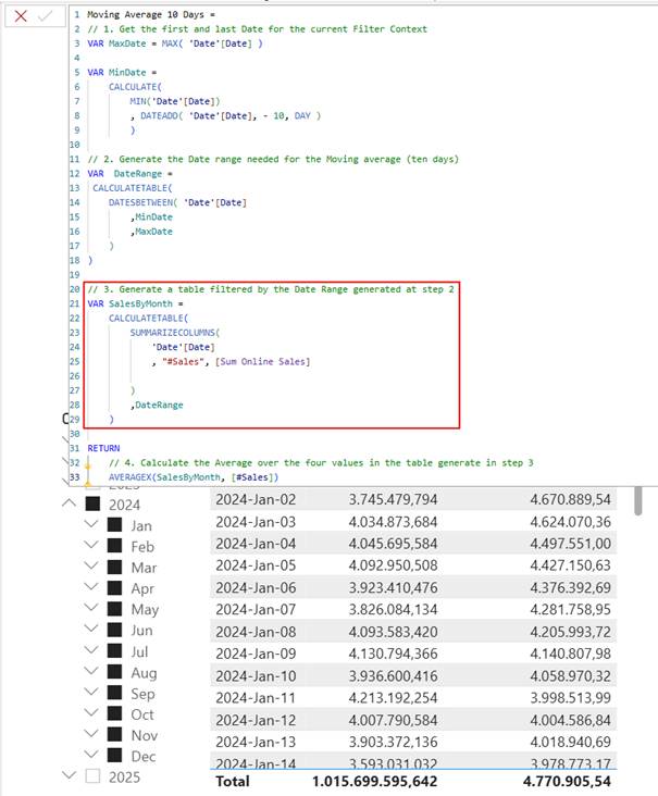 图 8 – 计算前 10 天移动平均值的度量值代码和结果
