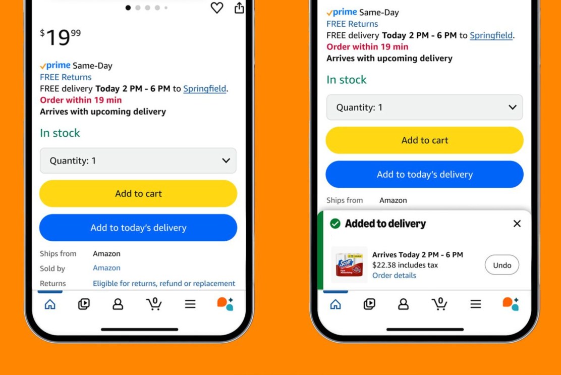 亚马逊“添加到配送”功能界面，展示了如何轻松追加商品到现有订单。