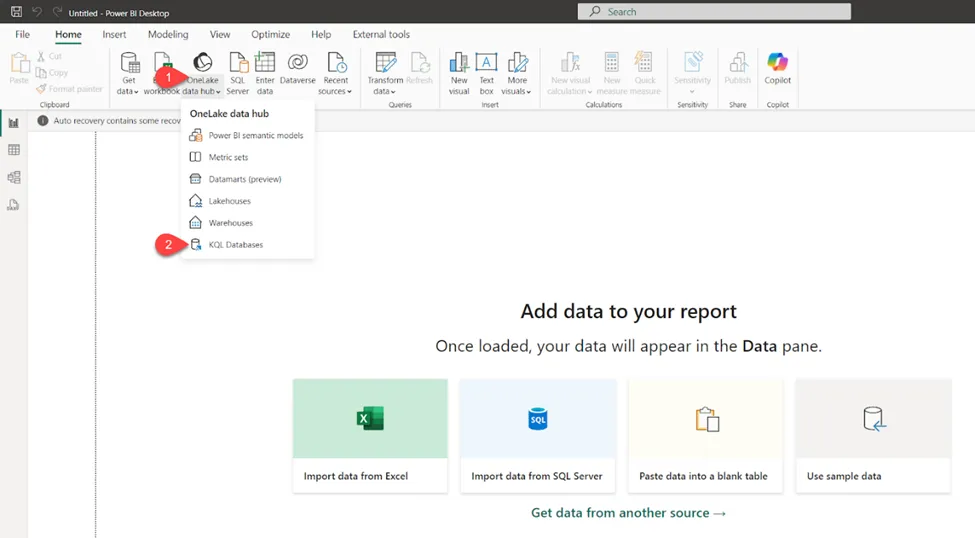 图19：在OneLake数据中心选择KQL数据库作为数据源