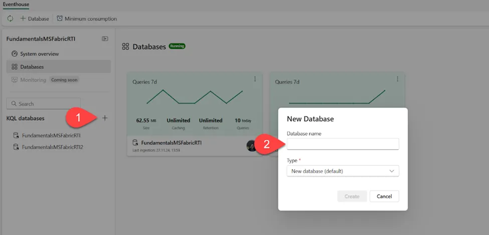 图8：在Fabric中创建KQL数据库的2步过程