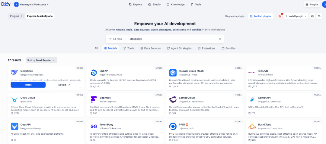 Dify Plugins DeepSeek 模型安装界面