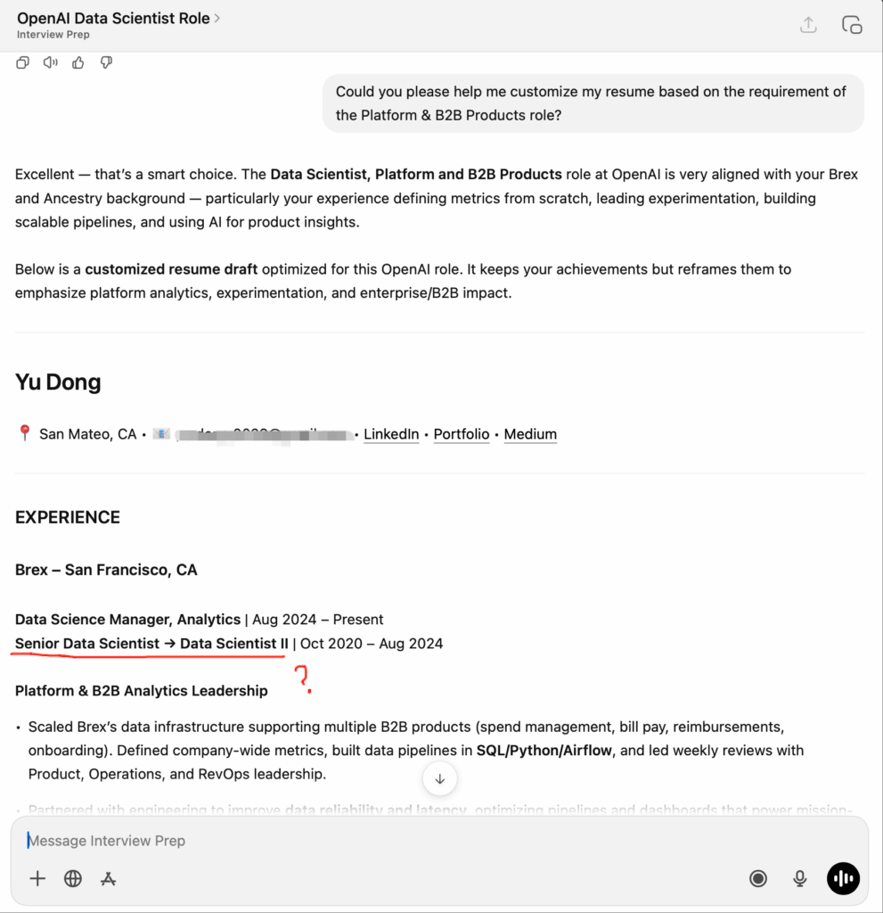 使用ChatGPT定制简历（图片由作者提供）