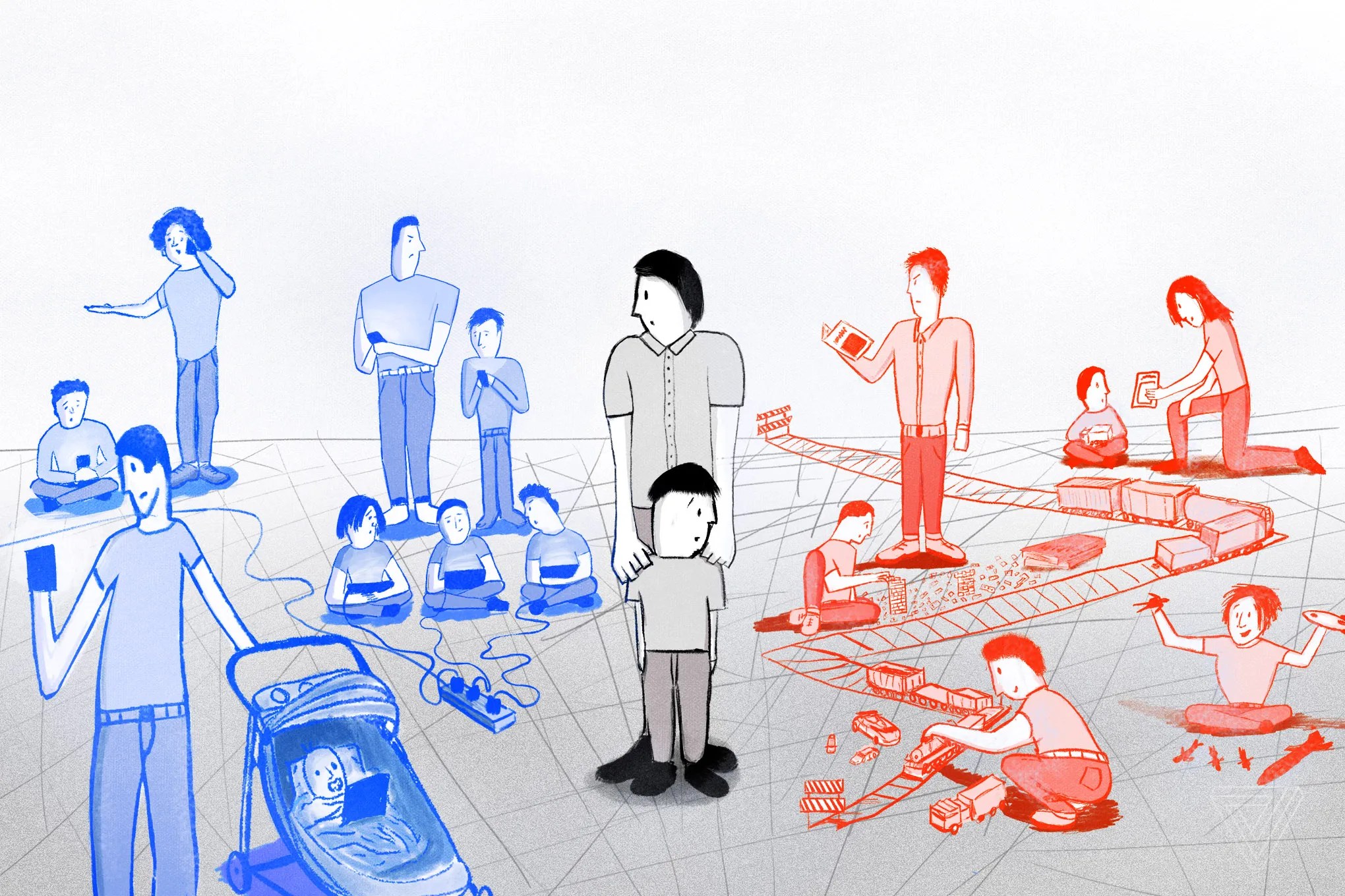 一位家长正在指导孩子使用屏幕设备