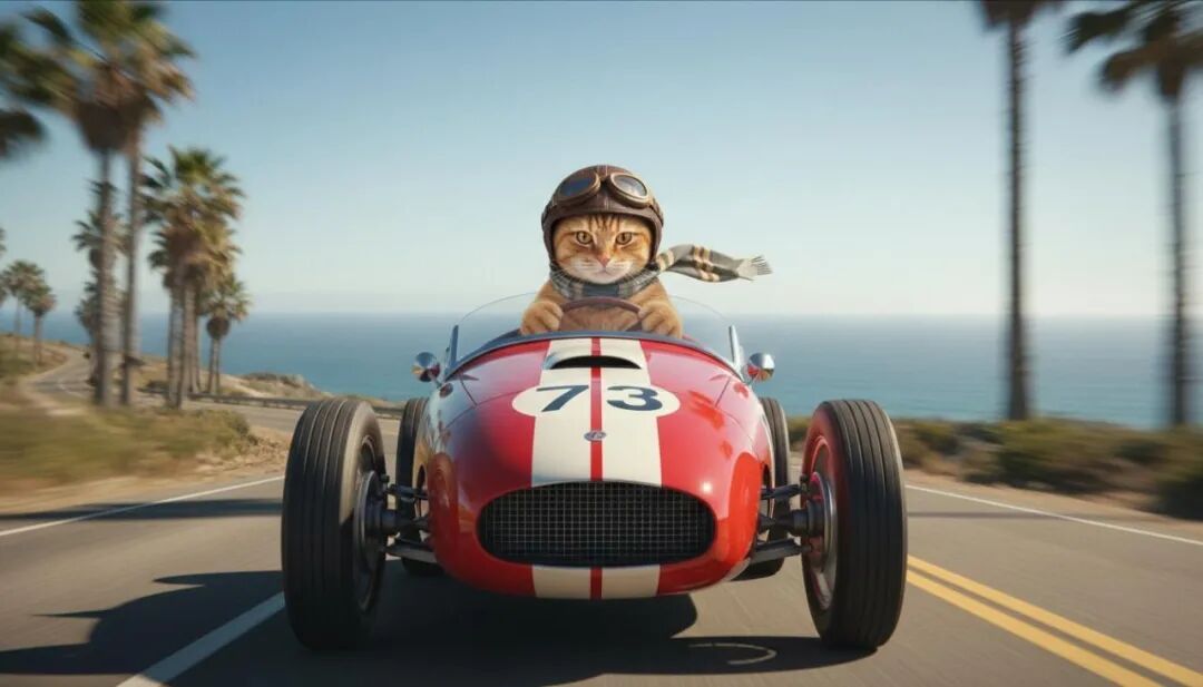 Veo 3.1 首尾帧补间功能示例：姜黄色猫咪驾驶敞篷车起始帧
