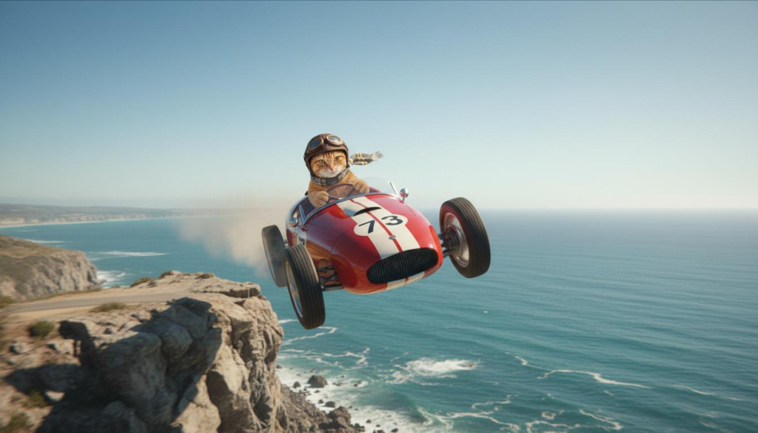 Veo 3.1 首尾帧补间功能示例：汽车从悬崖起飞结束帧