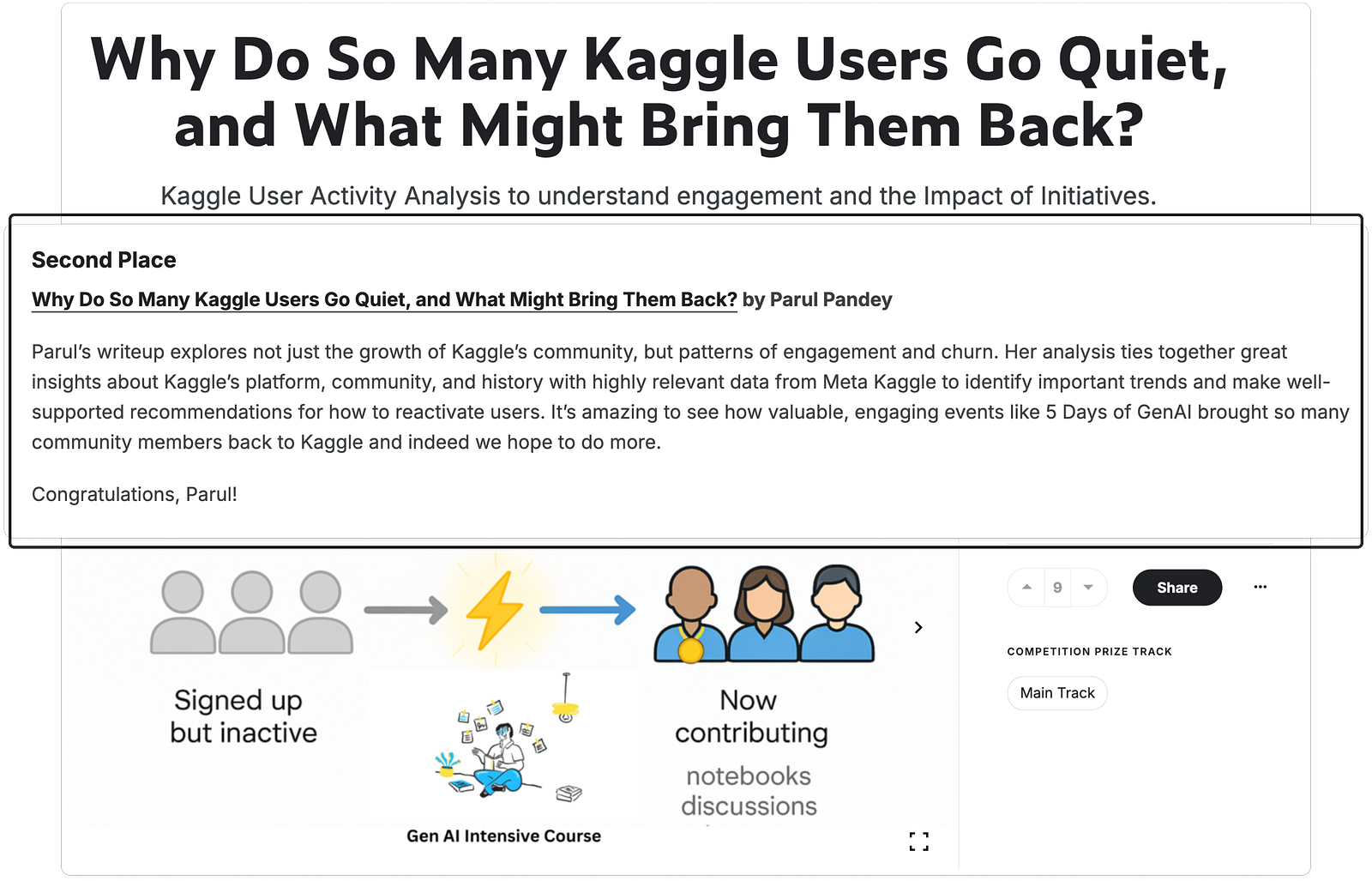 图片6：MetaKaggle黑客马拉松2025年第二名获奖作品的截图，标题为“为什么这么多Kaggle用户变得沉默，以及可以做些什么？”