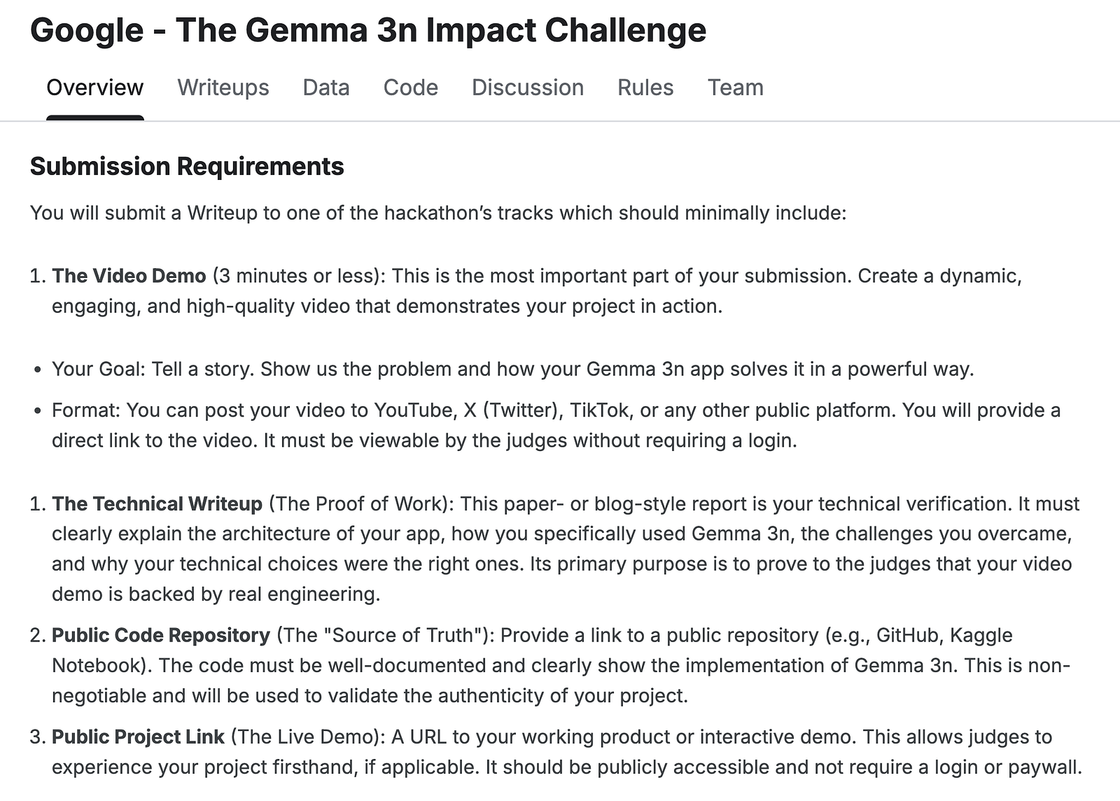 图片5：Gemma 3n影响力挑战赛的提交要求截图，包含视频演示、技术文档、公共代码库和实时演示等。