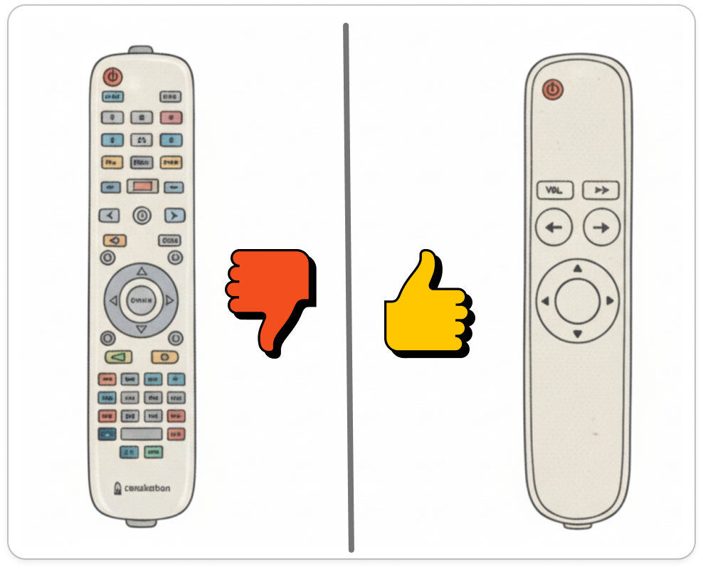 图片3：左侧是一个带有大量按钮的白色遥控器，旁边是向下的大拇指图标，暗示功能过多导致界面混乱难以操作。右侧是一个简洁的遥控器，只有少数几个核心按钮，旁边是向上大拇指图标，暗示简洁的设计更好用。