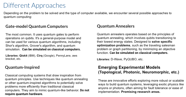 量子计算不同方法概览。每种方法在目的、可扩展性及量子优势程度方面各异。