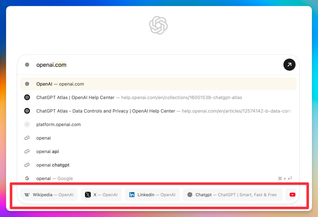 Atlas浏览器搜索框输入OpenAI后的建议链接及视觉效果展示
