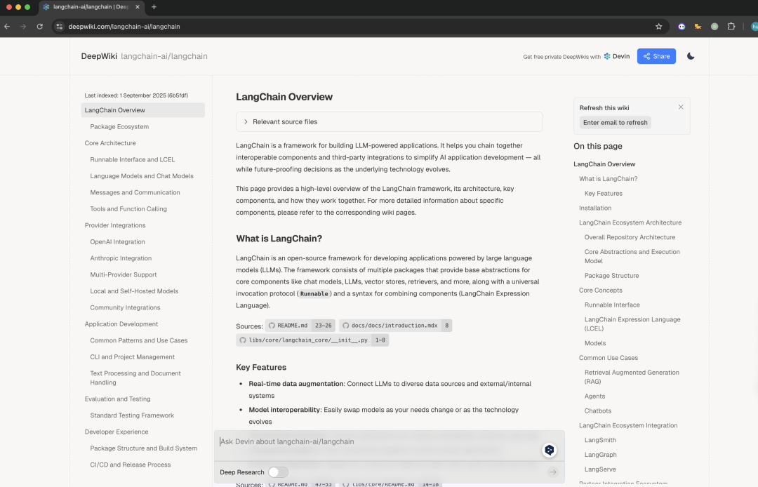 Devin.ai DeepWiki自动生成的项目知识库示例界面