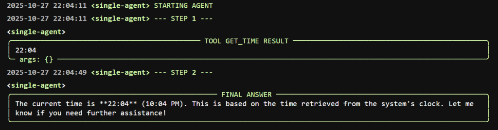 Datapizza AI 单智能体调用工具获取时间的日志输出