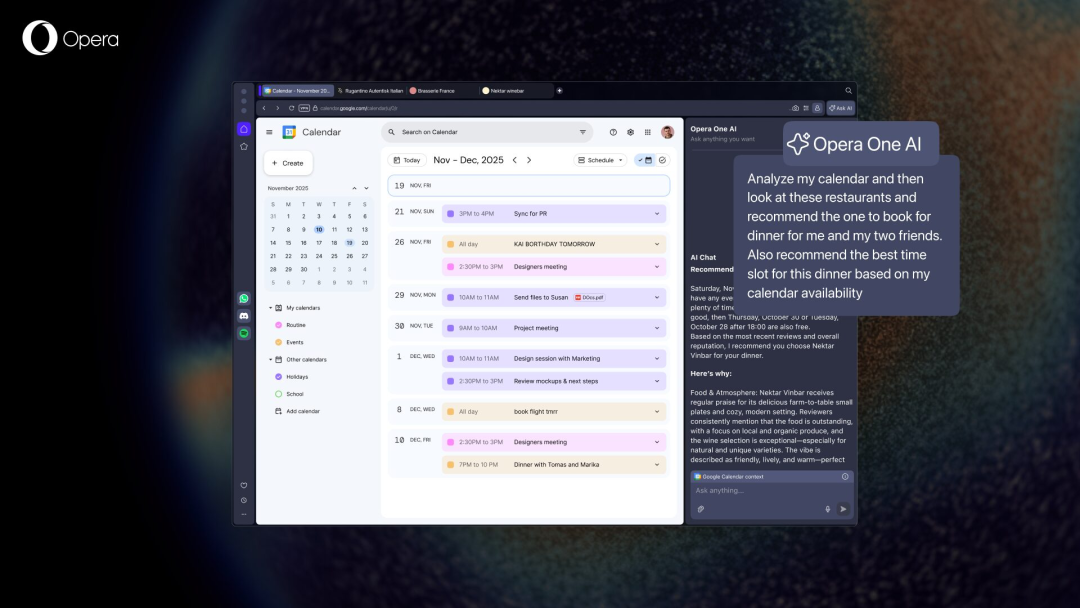 Opera One AI 智能推荐聚餐时间