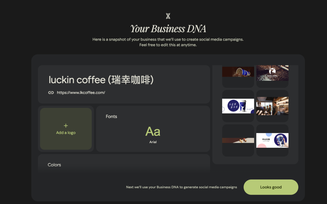 Pomelli自动识别并确认企业品牌DNA的界面