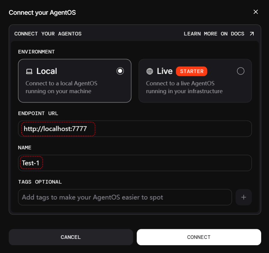 AgentOS UI本地服务连接界面示意