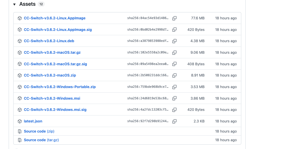 GitHub Releases页面，CC Switch安装包下载