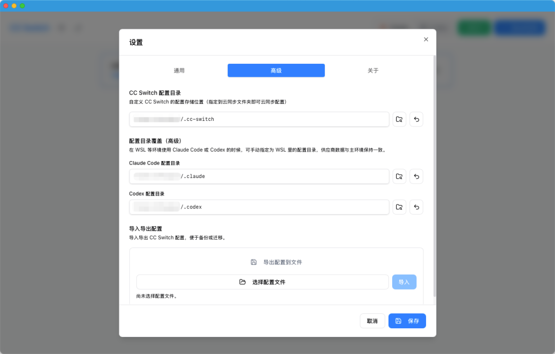 CC Switch高级设置，包含配置文件目录及导入导出功能