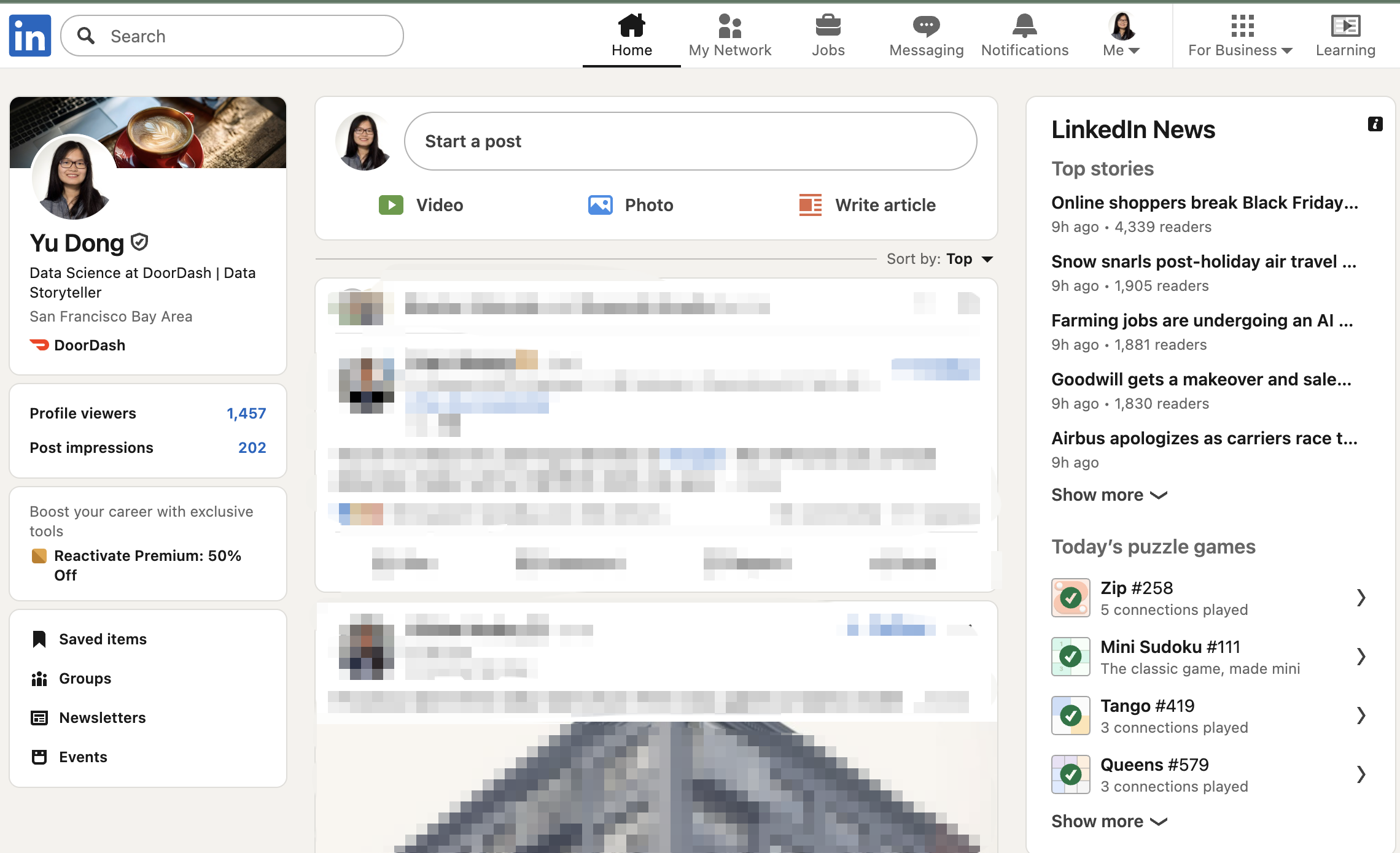 LinkedIn小游戏在主页的入口截图