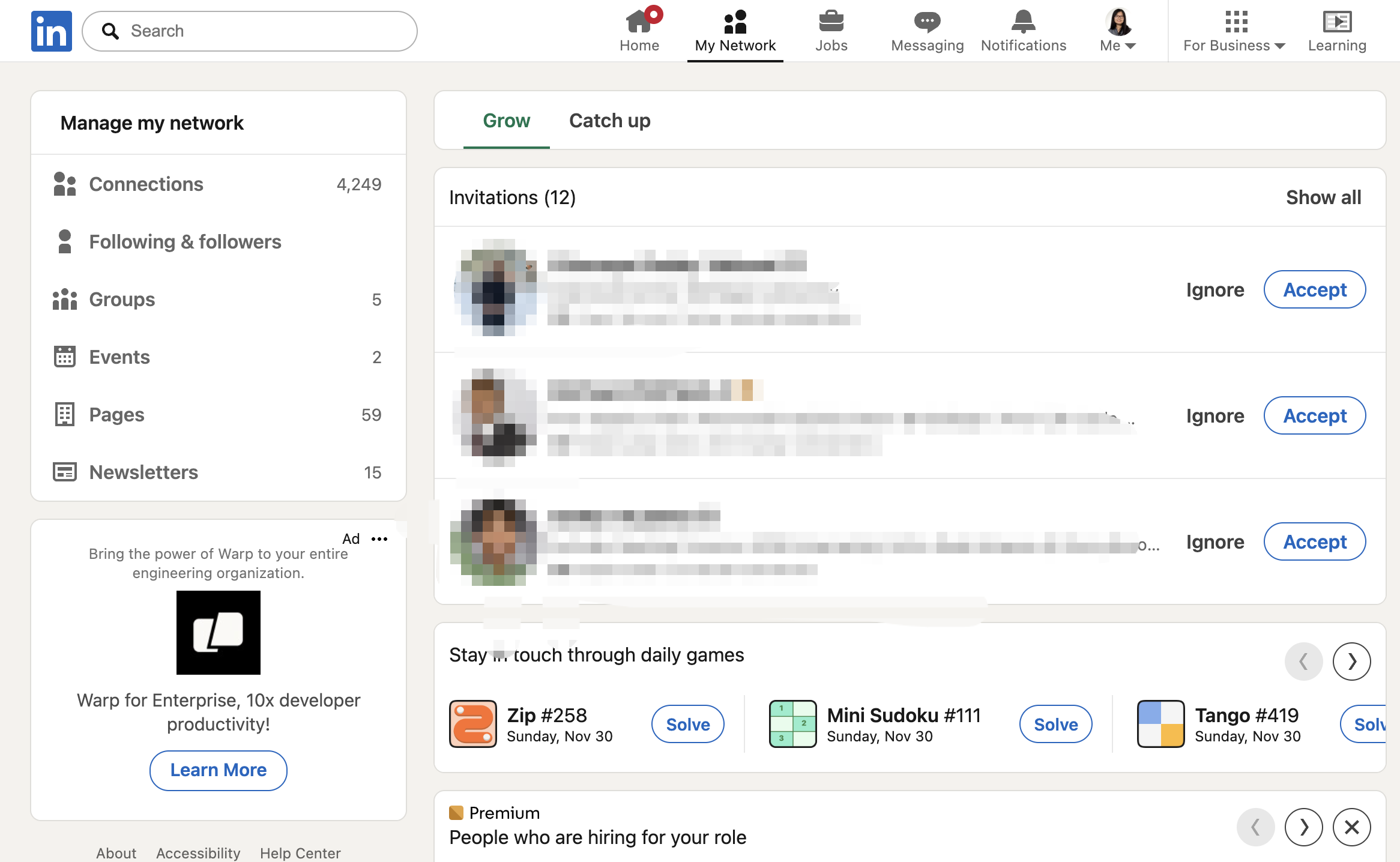 LinkedIn小游戏在‘我的人脉’页面的入口截图