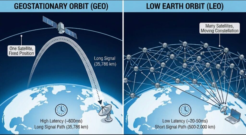 LEO卫星比GEO卫星更靠近地球轨道,这在实际中带来了更低的信号延迟