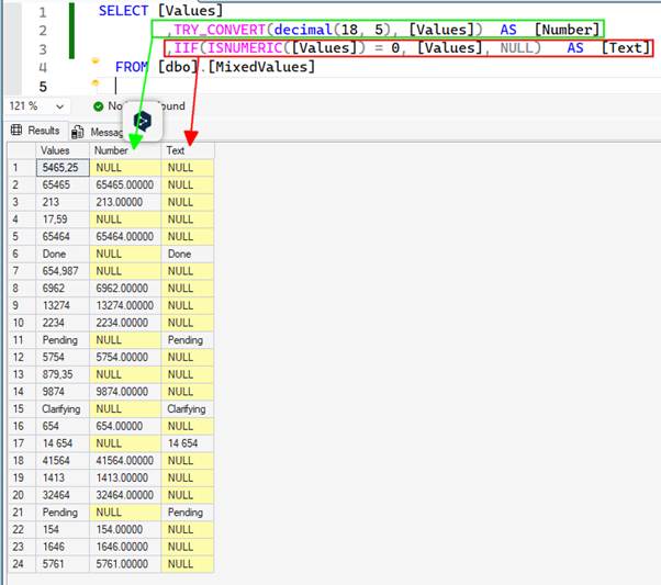 图2 – 使用T-SQL查询分离数字与文本的结果