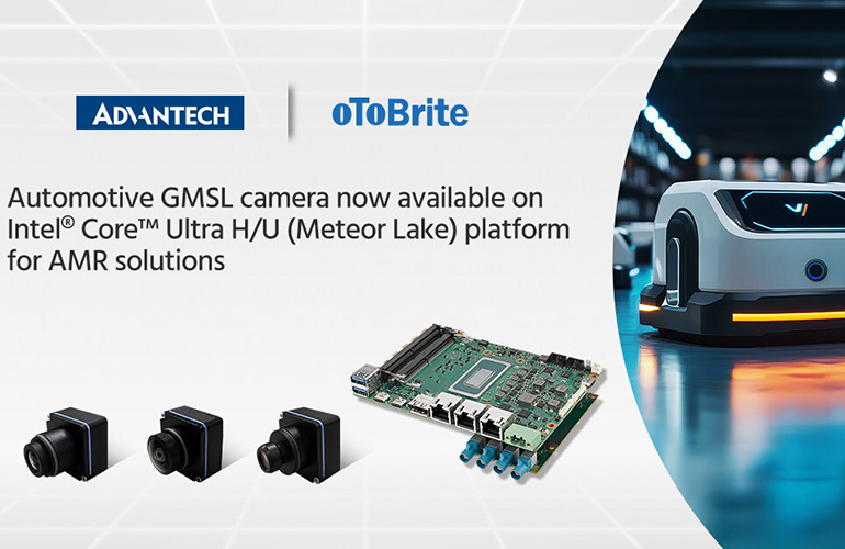 A graphic showing oToBrite's automotive GMSL cameras and the Intel Core Ultra H/U, which now work with Advantech AI.